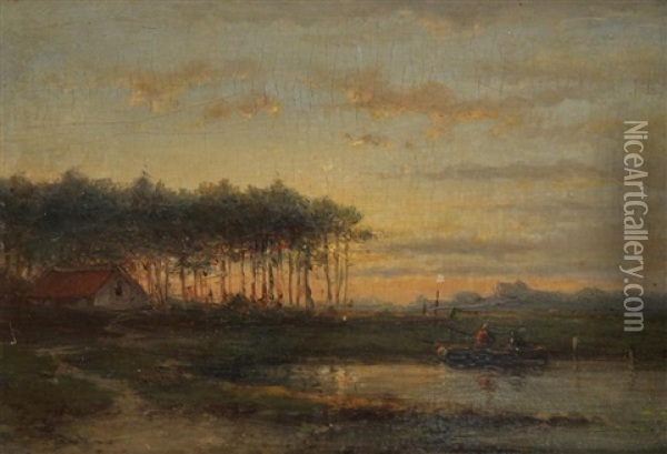 Landscape With Fishermen In A Boat At Sunset Oil Painting - Cornelis Lieste