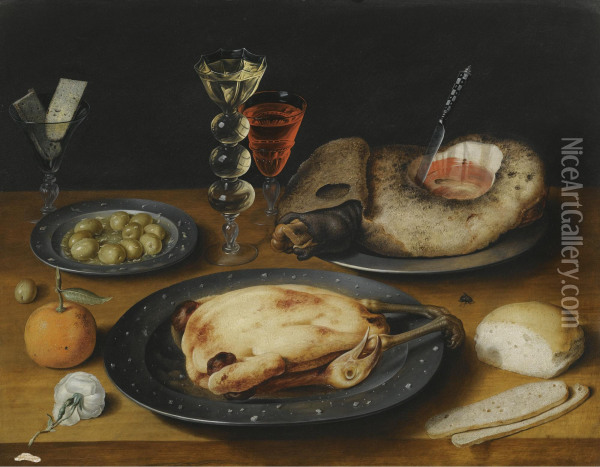 A Still Life Of A Roast Chicken, A Ham And Olives On Pewter Plates With A Bread Roll, An Orange, Wineglasses And A Rose On A Wooden Table Oil Painting - Osias, the Elder Beert