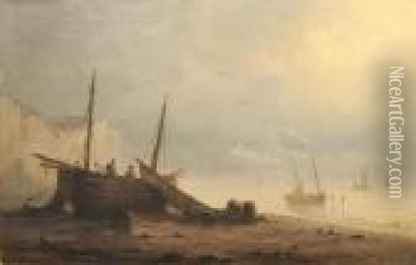 Beach Scene At Low Tide, With Figures And Fishing Boats Oil Painting - Herminie Gudin
