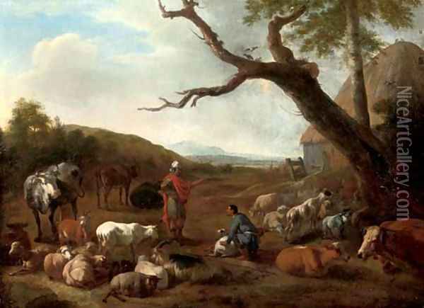 An Italianate wooded landscape with the departure of Jacob and Laban Oil Painting - Jan van der Meer