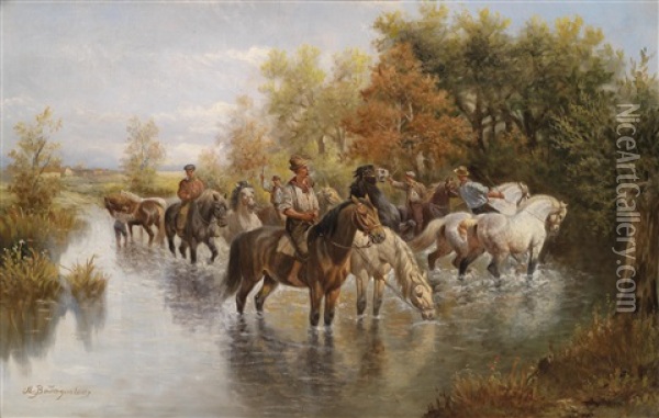Pferde Queren Einen Flus Oil Painting - Adolf (Constantin) Baumgartner-Stoiloff