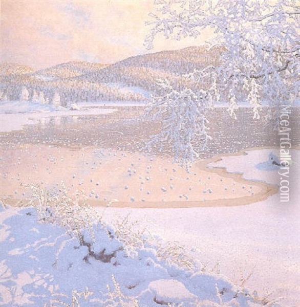 Vinterlandskap Vid Sjo Oil Painting - Gustaf Fjaestad