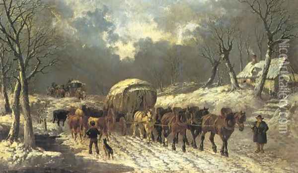 The Old Stage Wagon Winter Oil Painting - John Frederick Herring Snr