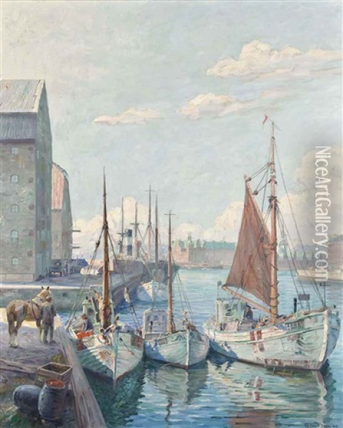 Fishing Vessels At Copenhagen Harbour Oil Painting - Robert Panitzsch
