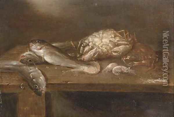 Crabs, pikes and shrimp on a wooden ledge Oil Painting - Alexander Adriaenssen