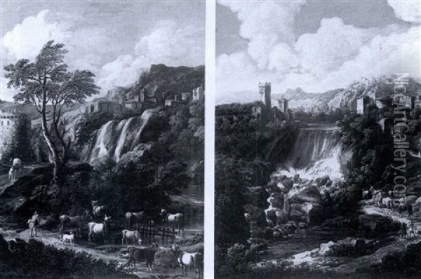 Mountainous River Landscapes With Figures And      Cattle Oil Painting - Johann Melchior Roos