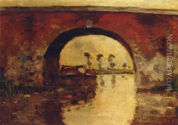 A Barge By A Bridge Oil Painting - Gaston Haustrate