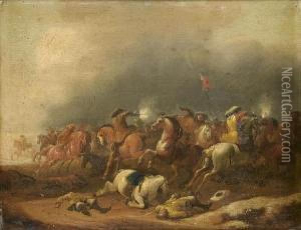 A Cavalry Skirmish On A Country Path Oil Painting - Jan Jacobsz. Van Der Stoffe