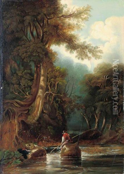 An Angler Fishing In A Wooded Landscape Oil Painting - James Stark