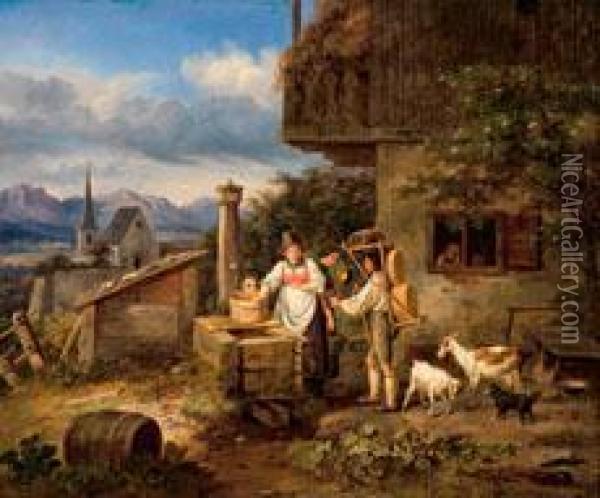 Stelldichein Am Brunnen Oil Painting - Johann Philipp Heinel