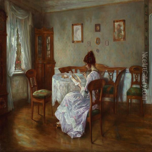 Interior With A Girl Embroidering Oil Painting - Otto Lingner