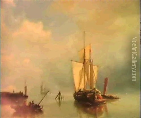 Fishing-vessels Offshore In A Calm Sea Oil Painting - Johannes Hermanus Barend Koekkoek