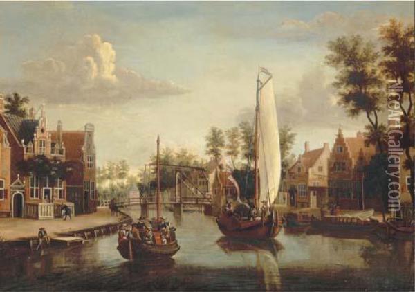 A View Of Maarsen, With A Ferry And A Saling Boat On The Rivervecht Oil Painting - Jacobus Storck