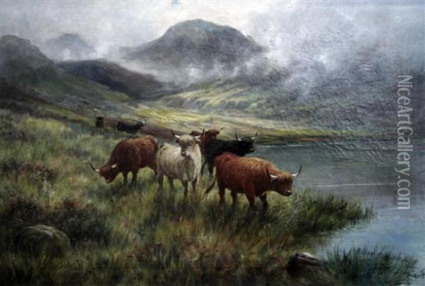 Highland Cattle Watering Oil Painting - Frederick Carlton