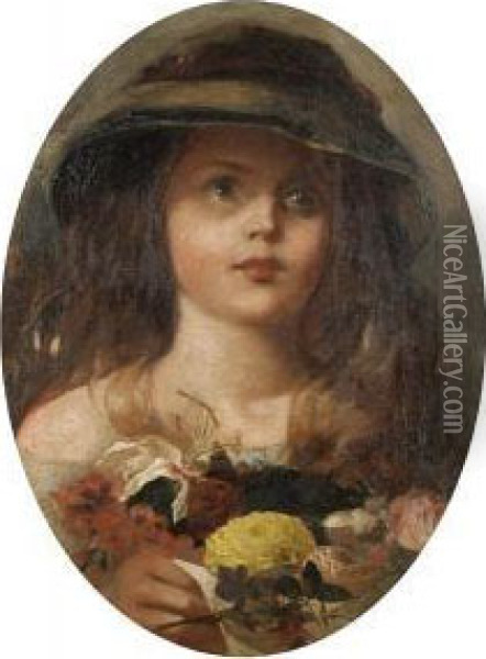 Portrait Of A Girl With A Bouquet Oil Painting - James John Hill