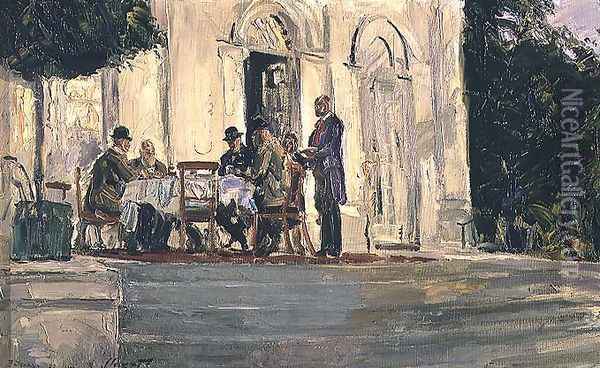 Dinner on the Badenburg Terrace at Castle Nymphenburg, 1908 Oil Painting - Max Slevogt