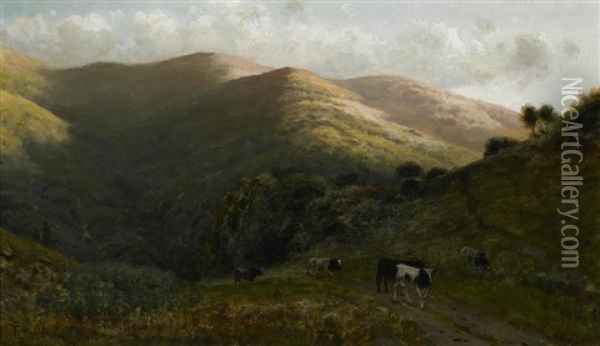 A View With Cows On A Path Oil Painting - Thaddeus Welch