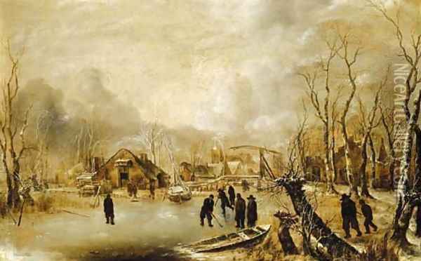 A winter landscape with skaters and kolf players on a frozen waterway by a village Oil Painting - Jan Van De Capelle
