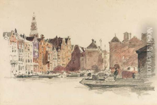 The Damrak With The Beurs Van Berlage, Amsterdam, The Oude Kerkbeyond Oil Painting - Cornelis Vreedenburgh