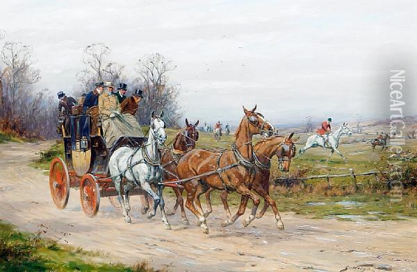 A Stagecoach Drawing Alongside A Hunt Oil Painting - George Wright