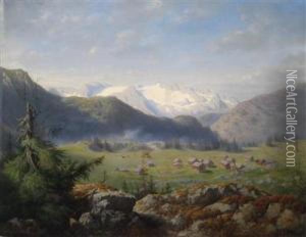 Wildensee Alm Mit Blick Auf Den Dachstein Oil Painting - Carl Von Kratzer