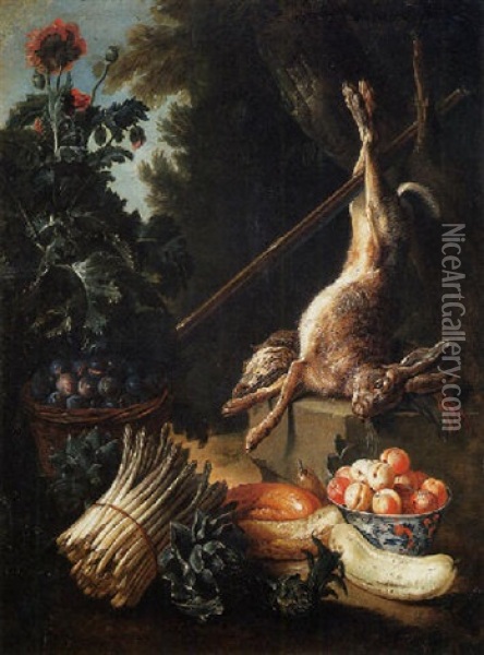 A Hunting Still Life With A Dead Hare And Game Birds On A Stone Plinth, With A Basket Of Plums And A Bowl Of Peaches Oil Painting - Alexandre Francois Desportes