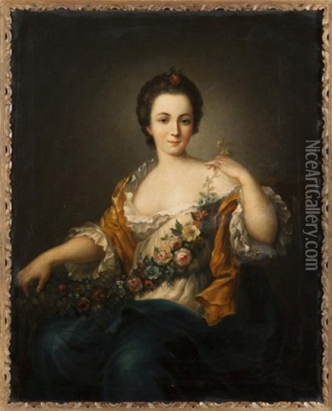 Portrait De Femme Aux Fleurs Oil Painting - Jean Marc Nattier