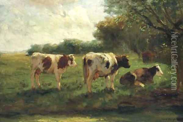 Cows in a sunlit polder landscape Oil Painting - Fedor Van Kregten