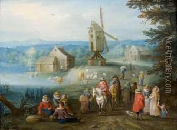 Voyageurs Dans Un Paysage Au Moulin Oil Painting - Jan Frans I Van Bredael