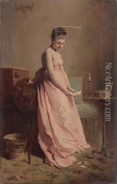 Elegante A La Robe Rose Tenant Une Lettre Oil Painting - Charles Joshua Chaplin