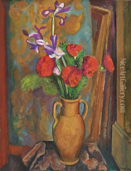 Still Life Of Irises Oil Painting - Bernard Meninsky