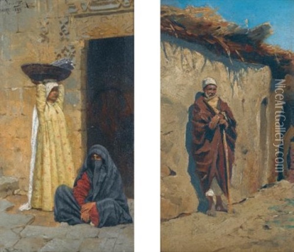 Egyptian Figures (pair) Oil Painting - Ludwig Deutsch