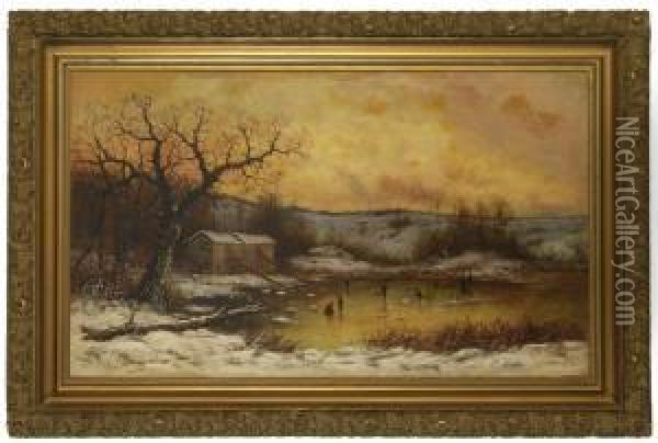 Luminous Winter Landscape With Skaters Oil Painting - Frank Whiting Rogers