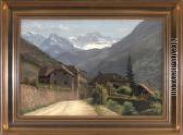 Sudtiroler Dorfstrase Mit Blick In Die Schneebedeckten Berge Oil Painting - Johannes Herman Brandt