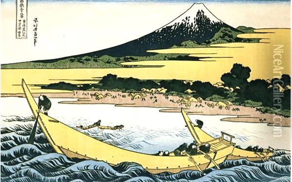 A Fishing Boat with Mt Fuji Oil Painting - Katsushika Hokusai