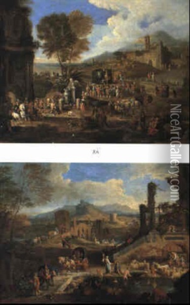 Italianate Landscape With Travelling Players Performing To A Crowd Oil Painting - Mathys Schoevaerdts
