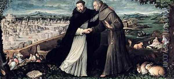 The meeting of St Francis of Assisi and St Dominic in Rome Oil Painting - Angiola Leone
