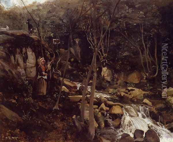 Lormes - A Waterfall with a Standing Peasant, Spinning Wool Oil Painting - Jean-Baptiste-Camille Corot
