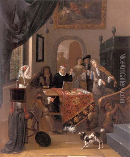 A Music Party In An Elegant Interior, Seen Past A Trompe L'oeil Curtain Oil Painting - Hendrik Carre