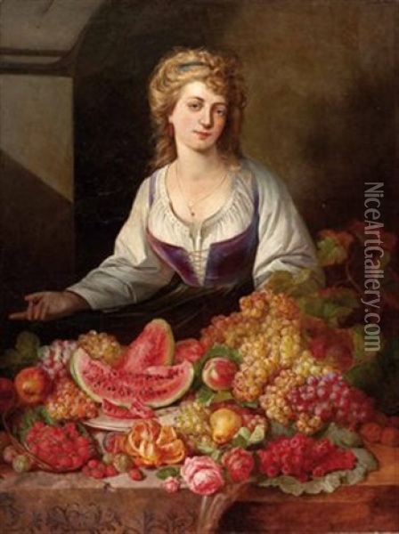 Die Junge Obstverkauferin (allegorie Des Herbstes) Oil Painting - Andreas Lach