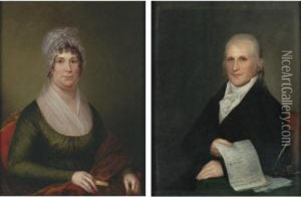 Mr. And Mrs. Zachariah Poulson Of Philadelphia; A Pair Ofportraits Oil Painting - James Peale