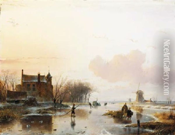A Frozen Waterway With Figures Gathering Wood By A Mansion Oil Painting - Andreas Schelfhout