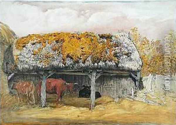 A Cow Lodge with a Mossy Roof, c.1829 Oil Painting - Samuel Palmer