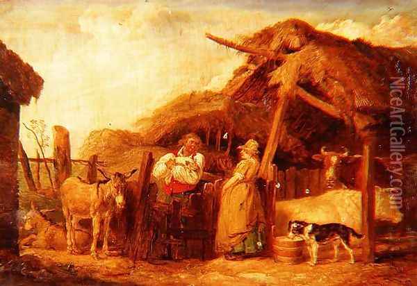 A farmer and his wife with cows, donkeys and animals by a barn in a farmyard Oil Painting - James Ward
