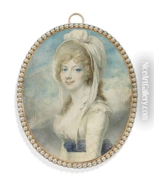 Princess Augusta Sophia, In White Dress With Frilled Open Collar, The Sleeves Embroidered With A Criss-cross Pattern, Blue Sash Tied Around Waist Oil Painting - Richard Cosway