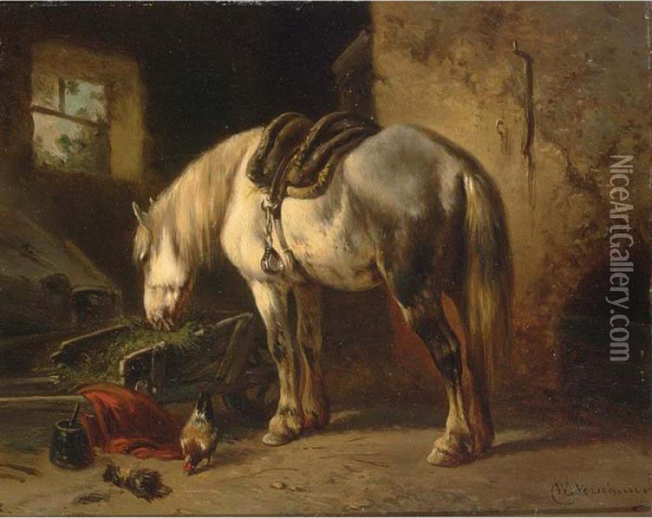A Grey Horse In A Stable Oil Painting - Wouterus Verschuur
