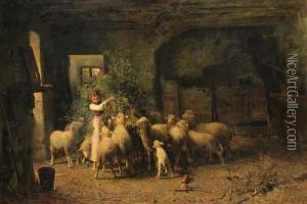 A Young Shepherdess Feeding Her Flock Oil Painting - Luigi Chialiva
