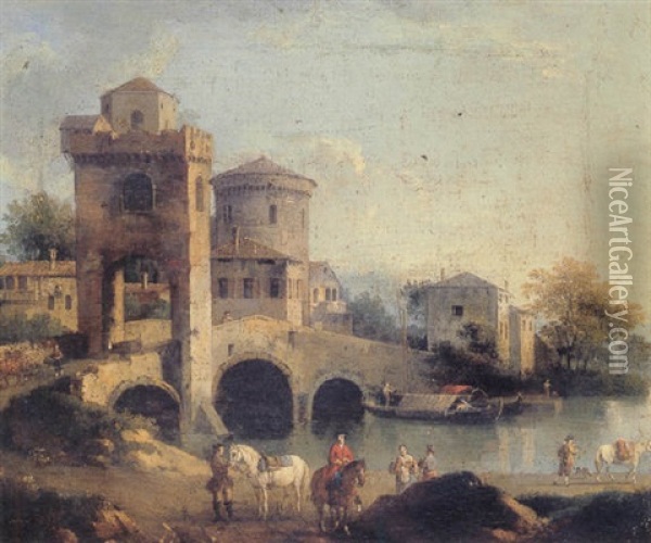 Italianate River Landscape With Figures Oil Painting - Giovanni Battista Cimaroli