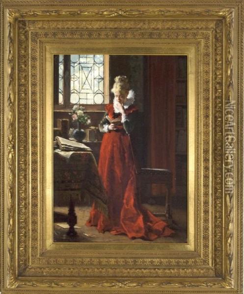 A 
Lady In Red Oil Painting - Jean De La Hoese