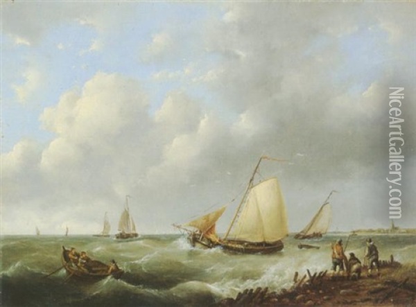 Schiffe Auf Bewegter See In Kustennahe Oil Painting - Hermanus Koekkoek the Elder